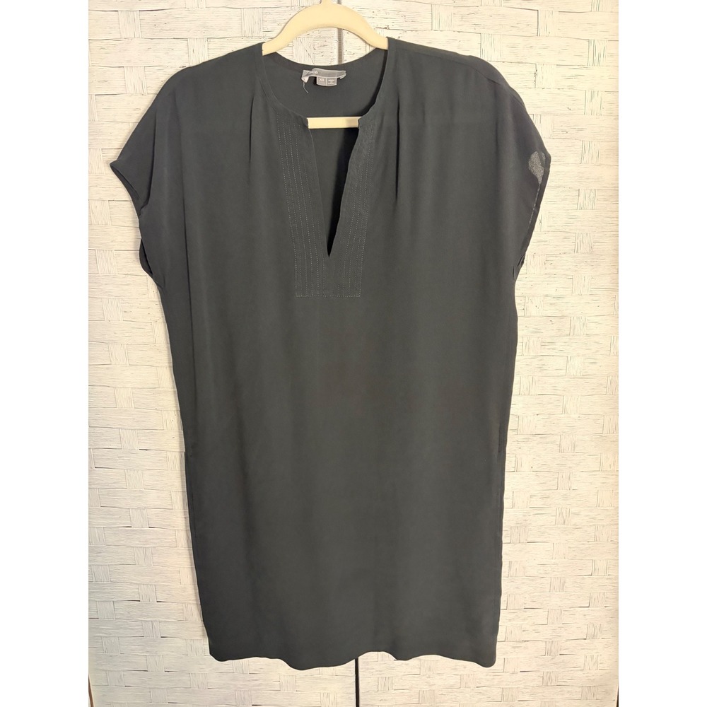 Vince Womens Dress Shirt Silk Black V-Neck Pockets Short Sleeve Minimalist Mini‎